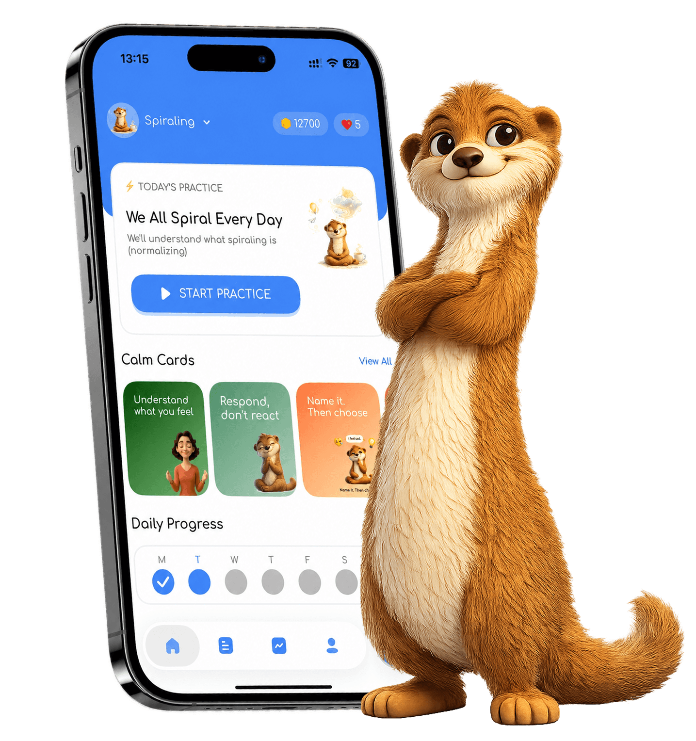 Oragic meerkat mascot standing beside a phone showing today's practice, calm cards, and daily mental fitness progress
